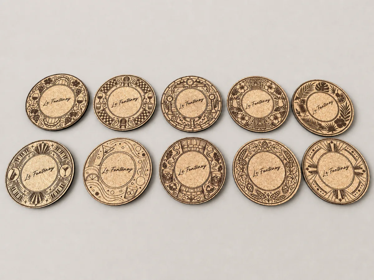 Série de sous-verres en liège finement gravés pour Le Fontenay